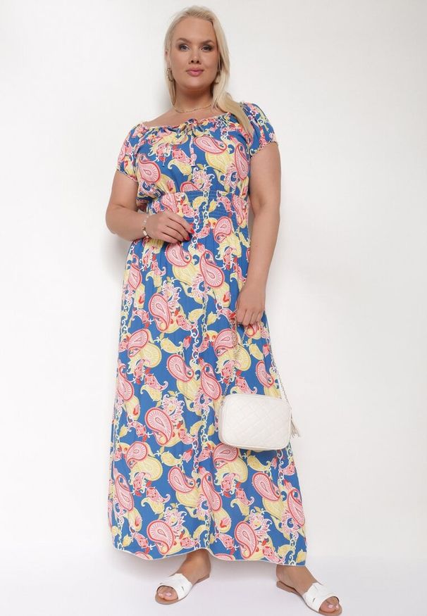 Born2be - Niebiesko-Różowa Bawełniana Sukienka z Gumką w Pasie Zilletta. Okazja: na co dzień, na randkę. Kolor: niebieski. Materiał: bawełna. Styl: casual, klasyczny