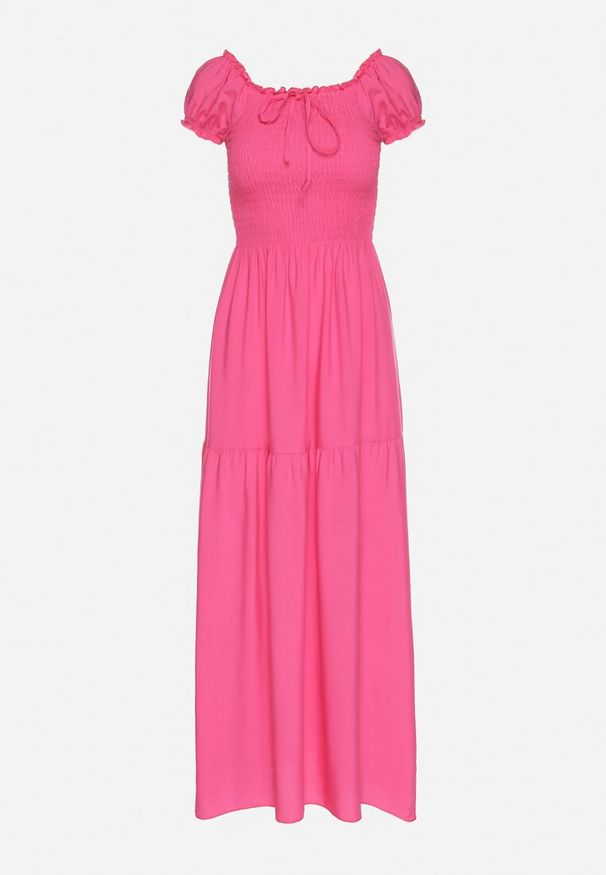 Born2be - Różowa Wiskozowa Sukienka Hiszpanka z Marszczoną Górą Jenanira. Okazja: na co dzień. Typ kołnierza: dekolt hiszpanka. Kolor: różowy. Materiał: wiskoza. Styl: casual, klasyczny