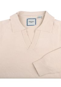 Męski, Lekki Sweter z Otwartym Kołnierzykiem Polo - Brave Soul - Kremowy. Typ kołnierza: polo. Kolor: beżowy, brązowy, wielokolorowy. Materiał: poliester, poliamid, wiskoza #2