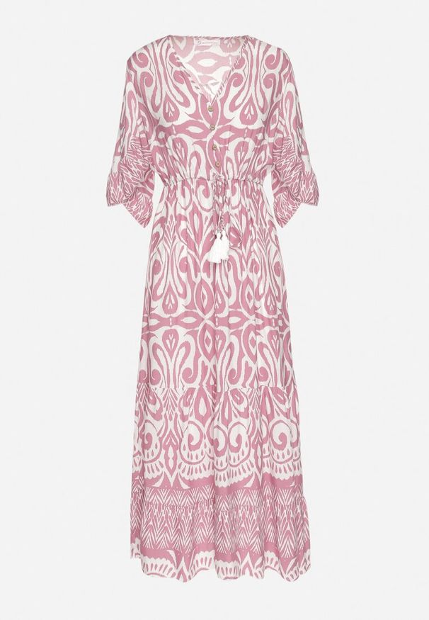 Born2be - Różowa Sukienka Bawełniana w Ornamentalny Wzór z Gumką w Talii Orrielle. Okazja: na co dzień. Typ kołnierza: dekolt w serek. Kolor: różowy. Materiał: bawełna. Typ sukienki: sportowe. Styl: casual, sportowy