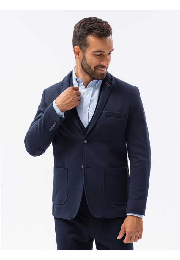 Ombre Clothing - Marynarka męska casual z kontrastowymi elementami M80 - granatowa - XXL. Okazja: na co dzień. Kolor: niebieski. Materiał: bawełna, materiał, poliester. Wzór: kwiaty. Styl: casual