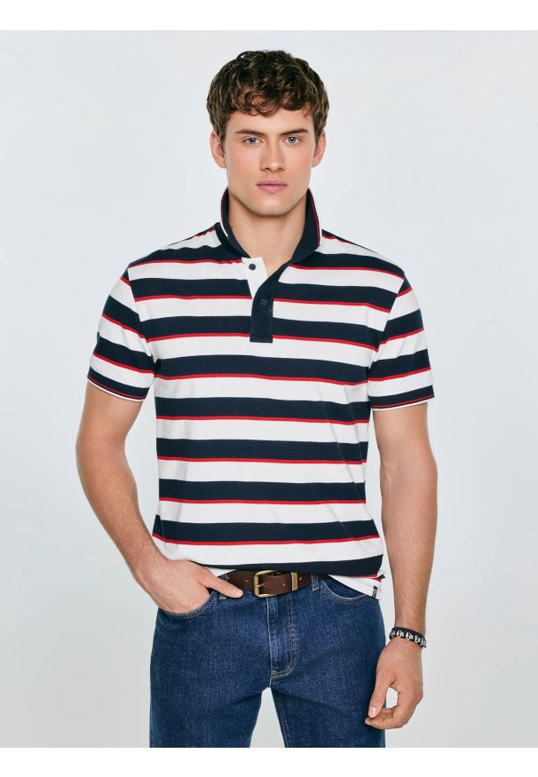 Big-Star - Koszulka męska polo w paski granatowo-biała Seulis 100. Okazja: na co dzień. Typ kołnierza: polo. Kolor: biały. Materiał: dzianina, żakard. Wzór: paski. Styl: casual, elegancki, sportowy, klasyczny