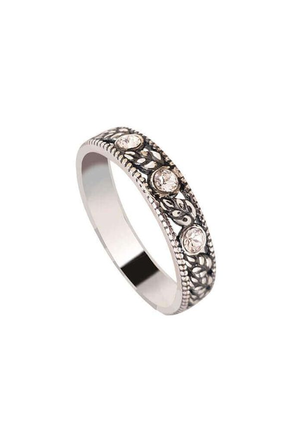 Polcarat Design - Srebrny pierścionek obrączka z kryształami Swarovskiego PK 430. Materiał: srebrne. Kolor: srebrny. Wzór: kwiaty, aplikacja. Kamień szlachetny: kryształ