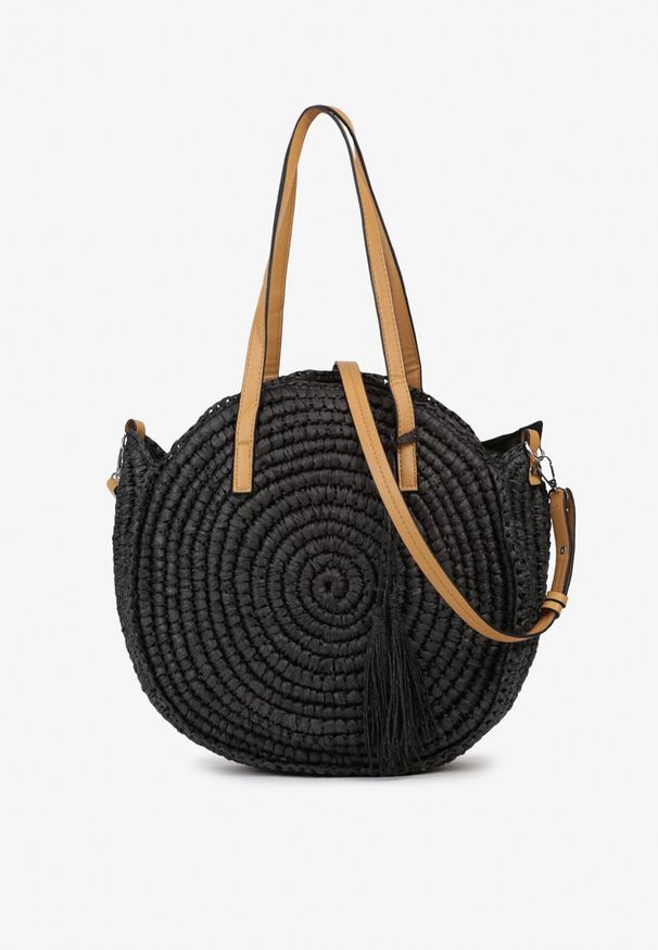 Born2be - Czarna Okrągła Torebka Typu Shopper z Plecionki z Dodatkowym Paskiem Enirta. Kolor: czarny. Sezon: lato. Styl: elegancki, casual