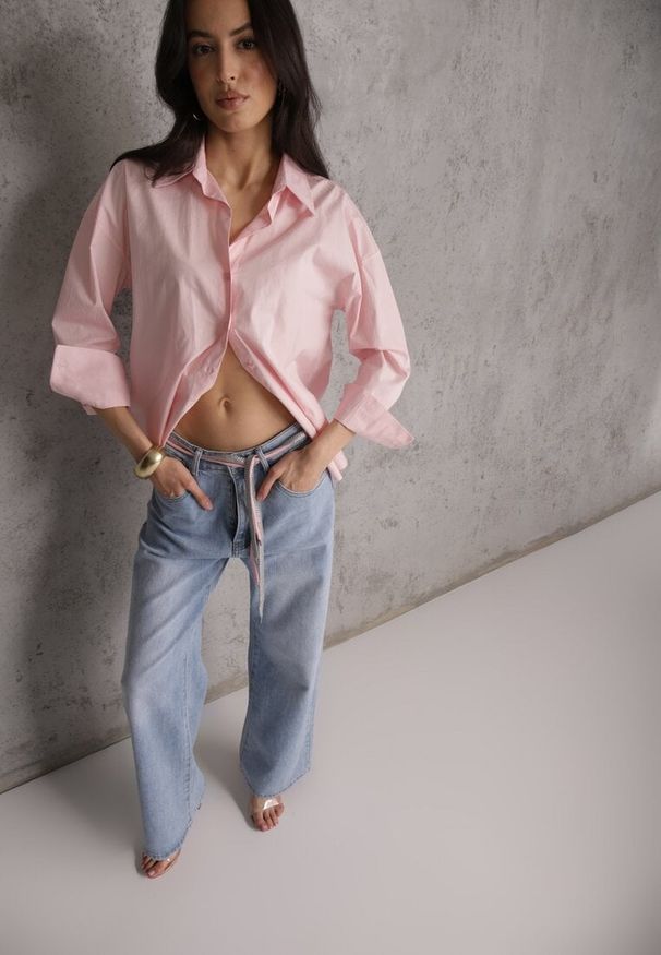 Renee - Niebieskie Jeansy Szerokie z Bawełną High Waist Ozdobione Wiązanym Sznurkiem Neviolla. Okazja: na co dzień. Stan: podwyższony. Kolor: niebieski. Wzór: aplikacja. Styl: casual