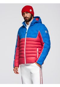 Ombre Clothing - Pikowana kurtka męska z odpinanym kapturem – niebiesko-czerwona V1 - Rozmiar: XXL. Kolor: czerwony. Materiał: tkanina, poliester, materiał, syntetyk, włókno. Wzór: aplikacja. Sezon: zima