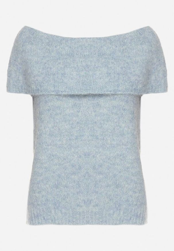 Born2be - Niebieska Dzianinowa Bluzka Top z Hiszpańskim Dekoltem z Wełną Inathiel. Okazja: na co dzień. Kolor: niebieski. Materiał: dzianina, wełna. Styl: casual, elegancki