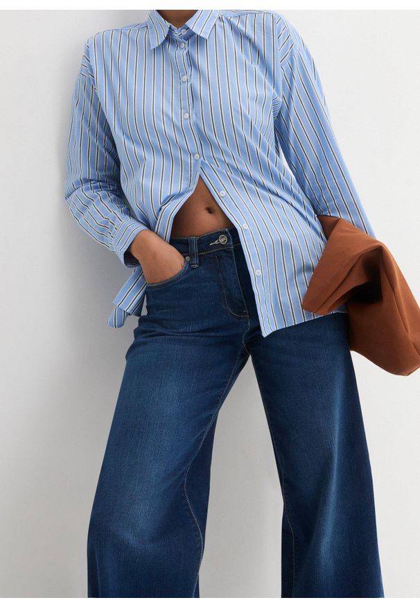 bonprix - Dżinsy Wide Leg, mid waist, z wygodnym paskiem. Kolor: niebieski