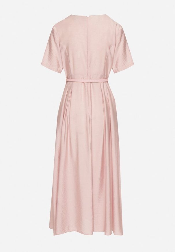 Born2be - Różowa Wiskozowa Sukienka z Lnem o Rozkloszowanym Kroju z Paskiem z Klamerką Linalin. Okazja: na co dzień. Typ kołnierza: dekolt w serek. Kolor: różowy. Materiał: len, wiskoza. Długość rękawa: krótki rękaw. Styl: klasyczny, casual, elegancki