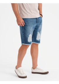 Ombre Clothing - Męskie krótkie spodenki jeansowe z przetarciami i dziurami – niebieskie V3 - Rozmiar: M. Okazja: na co dzień. Kolor: niebieski. Materiał: jeans. Długość: krótkie. Wzór: aplikacja. Sezon: lato. Styl: klasyczny, casual #5