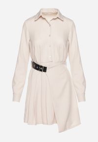 Born2be - Beżowa Sukienka Koszulowa z Plisowanym Asymetrycznym Dołem z Paskiem Vattea. Kolor: beżowy. Typ sukienki: asymetryczne, koszulowe #2
