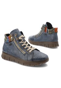 Niebieskie Botki Rieker Wygodne Buty Damskie. Zapięcie: zamek. Kolor: niebieski. Materiał: skóra, dzianina. Szerokość cholewki: normalna. Wzór: kolorowy #4