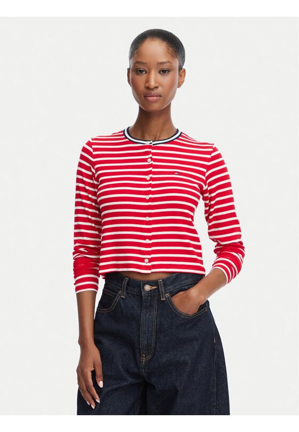 Tommy Jeans Kardigan DW0DW22805 Czerwony Slim Fit. Kolor: czerwony. Materiał: wiskoza