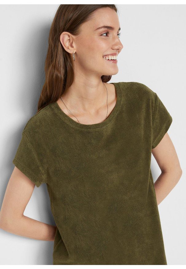 bonprix - Sukienka shirtowa z frottee. Kolor: zielony. Długość rękawa: krótki rękaw