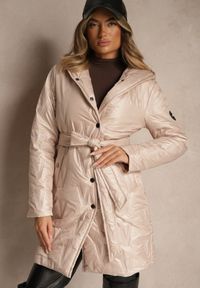 Renee - Złoto-Różowa Pikowana Kurtka z Kapturem i Wiązanym Paskiem Elladie. Okazja: na co dzień. Typ kołnierza: kaptur. Kolor: złoty. Materiał: jeans, dzianina. Styl: casual