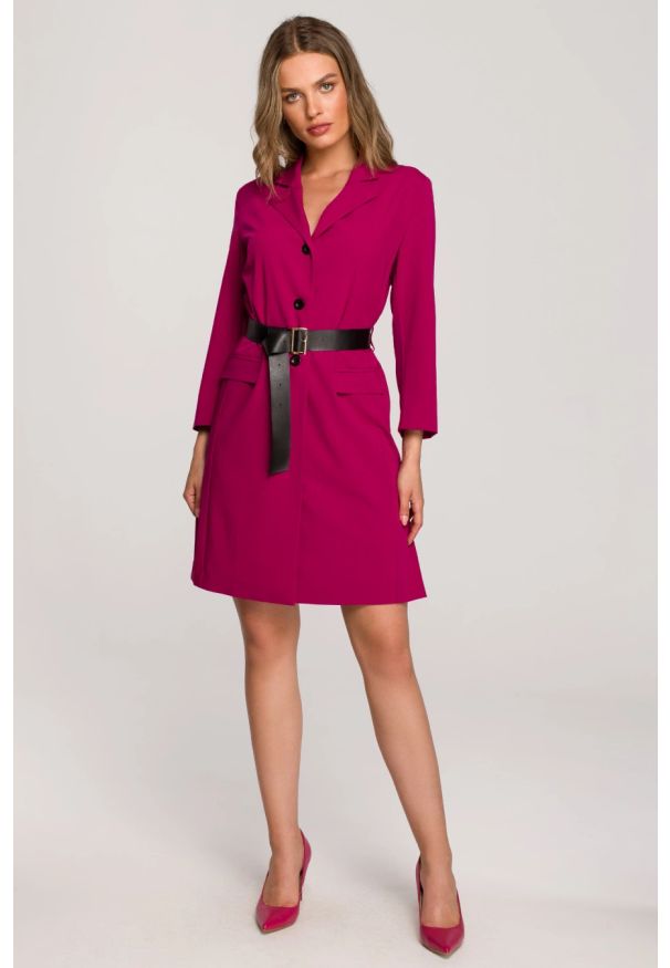 Stylove - Elegancka żakietowa sukienka marynarka z paskiem - śliwkowa. Materiał: poliester, elastan, wiskoza. Styl: elegancki