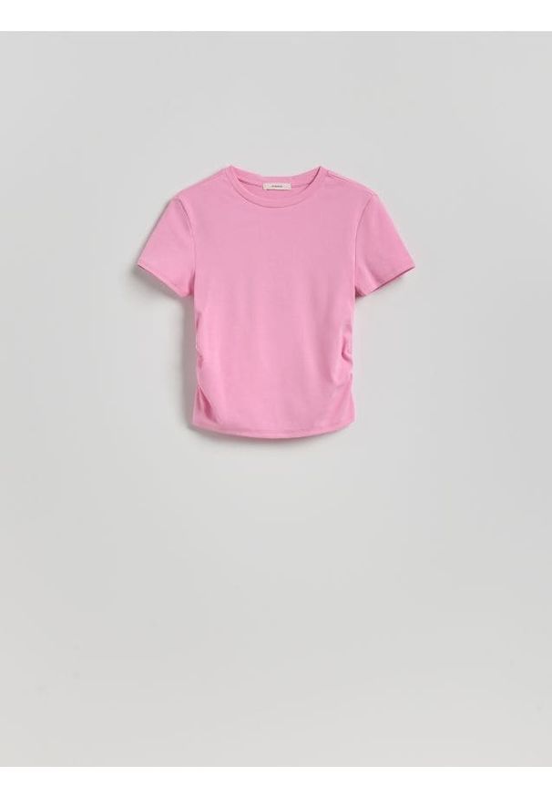 Reserved - T-shirt z marszczeniem - pastelowy róż. Kolor: różowy. Materiał: bawełna, dzianina