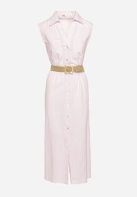Born2be - Różowa Bawełniana Sukienka Koszulowa z Gumką w Talii i Paskiem z Klamrą Xalorea. Kolor: różowy. Materiał: bawełna. Typ sukienki: koszulowe. Styl: elegancki #2