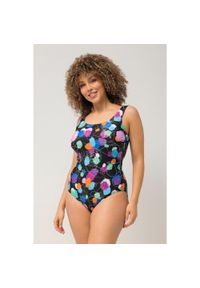 ULLA POPKEN - Damskie Kostium kąpielowy grochy bez miękkich miseczek pas pod biustem. Kolekcja: plus size. Kolor: czarny. Materiał: poliamid, poliester, materiał, elastan. Wzór: grochy #1