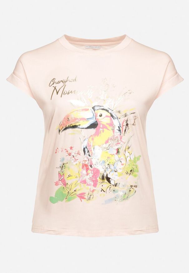 Born2be - Różowy T-shirt z Bawełny z Nadrukiem i Metalicznym Napisem Norsemi. Okazja: na co dzień. Kolor: różowy. Materiał: bawełna. Wzór: napisy, nadruk. Styl: casual