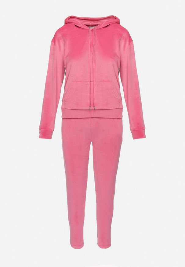 Born2be - Ciemnoróżowy Komplet Dresowy z Weluru Bluza z Kapturem i Spodnie z Gumką w Pasie Avinlia. Kolor: różowy. Materiał: dresówka, welur