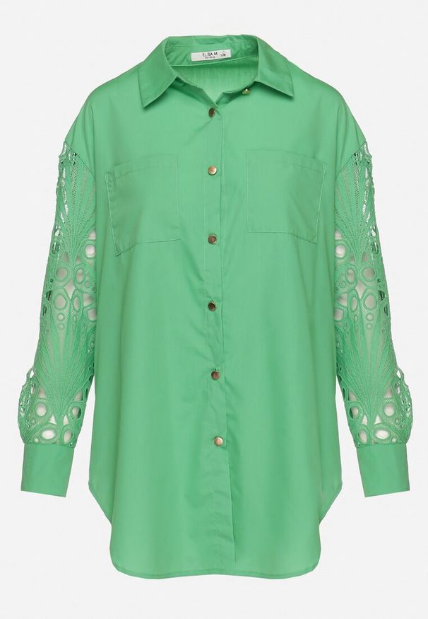 Born2be - Zielona Koszula Oversize z Ażurowym Wzorem na Rękawach Vadena. Okazja: na co dzień. Kolor: zielony. Materiał: jeans. Długość rękawa: długi rękaw. Długość: długie. Wzór: ażurowy. Styl: casual, elegancki