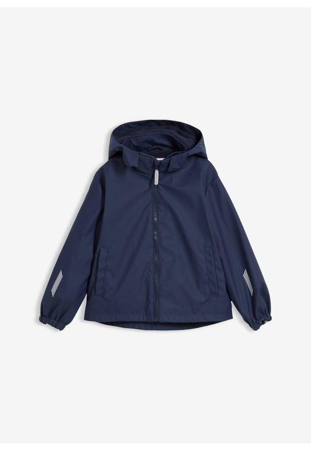 bonprix - Ocieplana kurtka przeciwdeszczowa z odpinanym kapturem i odblaskowymi elementami. Kolor: niebieski. Materiał: polar