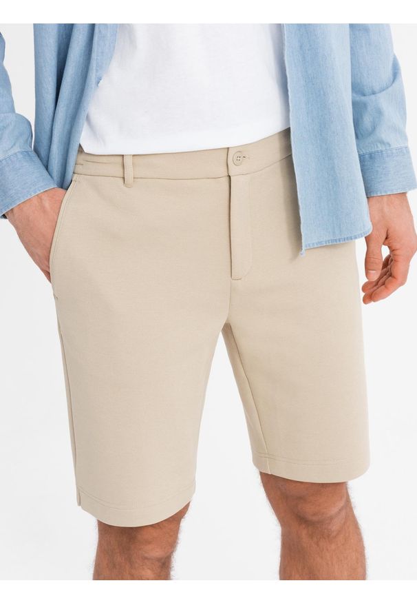 Ombre Clothing - Szorty męskie ze strukturalnej dzianiny SLIM FIT – piaskowe V3 OM-SRCS-0169 - XXL. Okazja: na co dzień. Kolor: beżowy. Materiał: dzianina. Wzór: jednolity. Styl: wakacyjny, sportowy, klasyczny, casual
