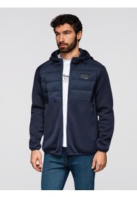 Ombre Clothing - Lekka kurtka męska z łączonych materiałów z kapturem i ozdobnym pikowaniem – granatowa V4 - Rozmiar: XXL. Okazja: na co dzień. Typ kołnierza: kaptur. Kolor: niebieski. Materiał: materiał. Wzór: aplikacja. Styl: casual #1