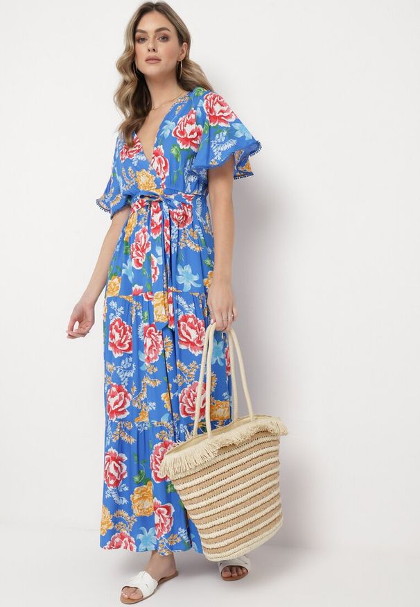 Born2be - Niebieska Sukienka Maxi z Gumką w Talii z Szerokimi Rękawami i Kwiatowym Printem Nodriala. Okazja: na imprezę. Kolor: niebieski. Wzór: nadruk, kwiaty. Sezon: lato. Długość: maxi