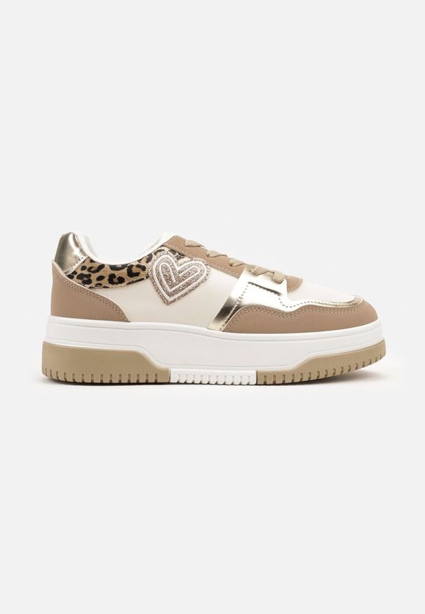 Born2be - Ciemnobeżowe Sneakersy z Brokatowym Serduszkiem Asitalla. Nosek buta: okrągły. Zapięcie: sznurówki. Kolor: beżowy. Materiał: materiał. Obcas: na obcasie. Wysokość obcasa: niski