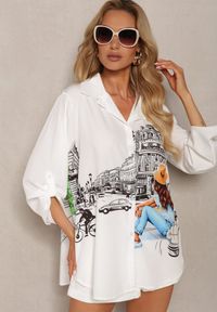 Renee - Biało-Czarna Koszula Oversize z Podpinanymi Rękawami i Nadrukiem Motywu Miasta Zulefia. Typ kołnierza: dekolt w łódkę. Kolor: biały. Wzór: nadruk #1