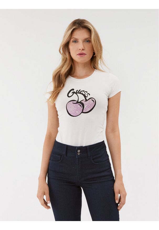 Guess T-Shirt W3BI16 KA0Q1 Écru Slim Fit. Materiał: bawełna