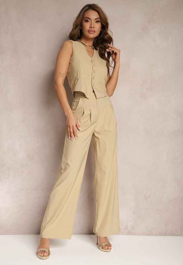 Renee - Ciemnobeżowy Garniturowy Komplet Kamizelka i Proste Spodnie High Waist Nithriella. Kolor: beżowy