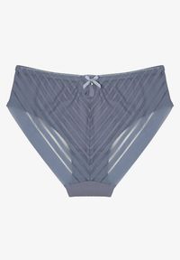 Renee - Niebieskie Majtki Typu Figi Ozdobione Paskami Ranmis. Kolor: niebieski. Materiał: koronka, jeans. Wzór: aplikacja