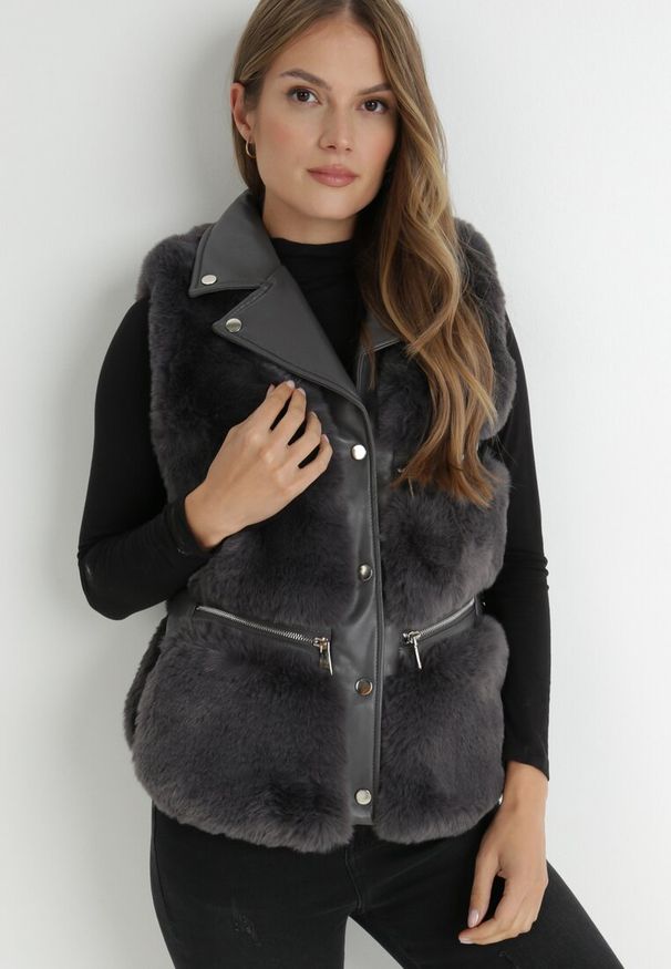 Born2be - Ciemnoszara Kamizelka Futrzana Irelaia. Kolor: szary. Materiał: futro