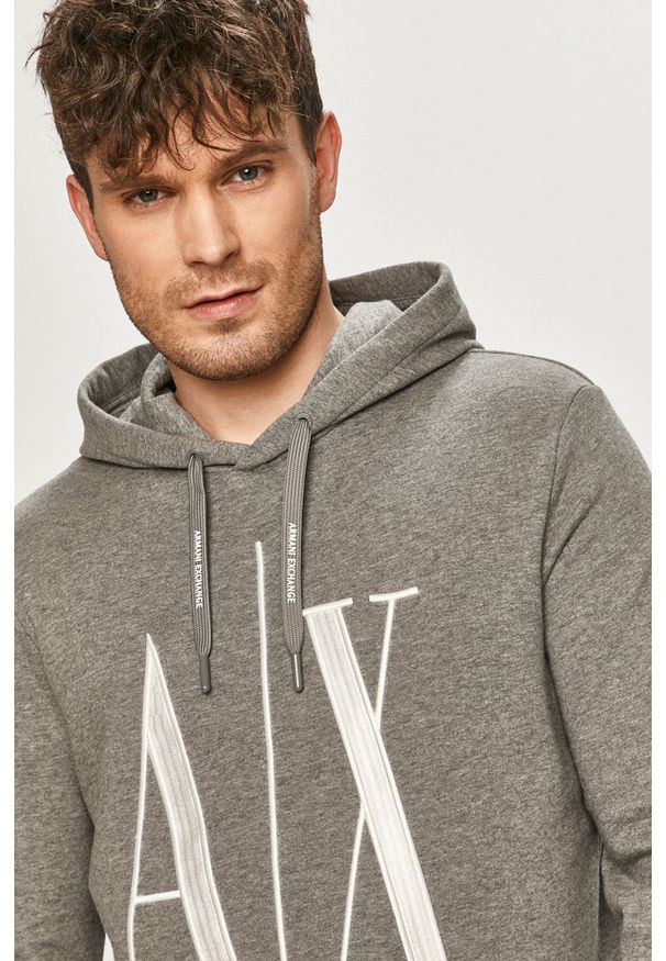 Armani Exchange - Bluza. Okazja: na co dzień. Typ kołnierza: kaptur. Kolor: szary. Materiał: dzianina. Wzór: nadruk. Styl: casual