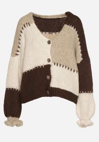 Born2be - Brązowy Patchworkowy Kardigan Oversize na Guziki z Falbanką na Rękawach i Wełną Atevita. Kolor: brązowy. Materiał: wełna. Sezon: zima. Styl: klasyczny #3