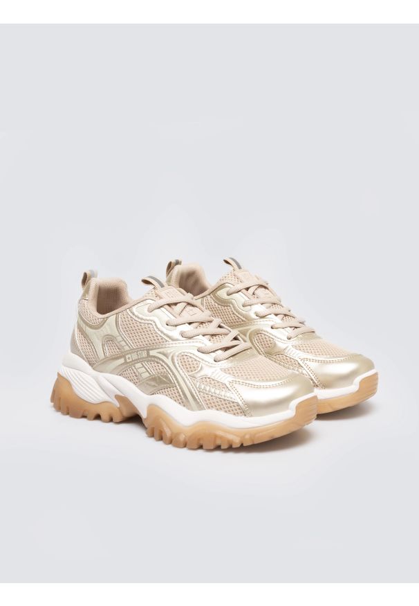 Big-Star - Sneakersy damskie beżowo-złote SS274014 802. Okazja: na co dzień. Nosek buta: okrągły. Kolor: brązowy. Materiał: materiał, syntetyk