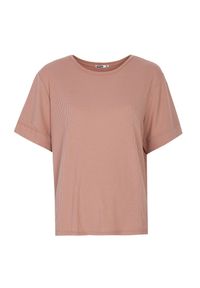 DRYWASH - Luźny t-shirt damski z prążkowanej dzianiny. Kolor: różowy. Materiał: dzianina, prążkowany. Długość rękawa: krótki rękaw. Długość: krótkie. Wzór: prążki. Sezon: lato. Styl: wakacyjny #5