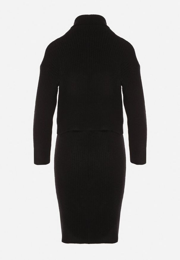 Born2be - Czarny Komplet Dzianinowy z Wełną i Bawełną Golf i Dopasowana Sukienka Reilaia. Kolor: czarny. Materiał: dzianina, wełna, bawełna. Sport: golf