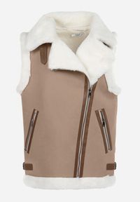 Born2be - Beżowa Kamizelka Bezrękawnik w Stylu Biker z Ekozamszu z Futerkiem Terone. Kolor: beżowy. Materiał: futro. Długość rękawa: bez rękawów. Wzór: aplikacja #7