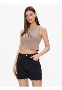 Calvin Klein Jeans Top J20J221564 Brązowy Cropped Fit. Kolor: brązowy. Materiał: bawełna