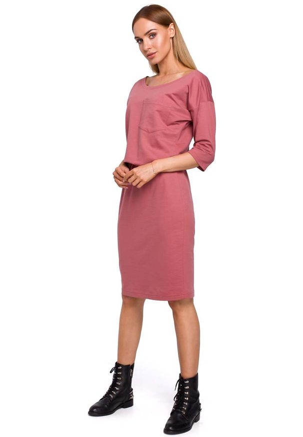 MOE - Różowa Dzianinowa Sukienka z Kieszonką. Kolor: różowy. Materiał: dzianina