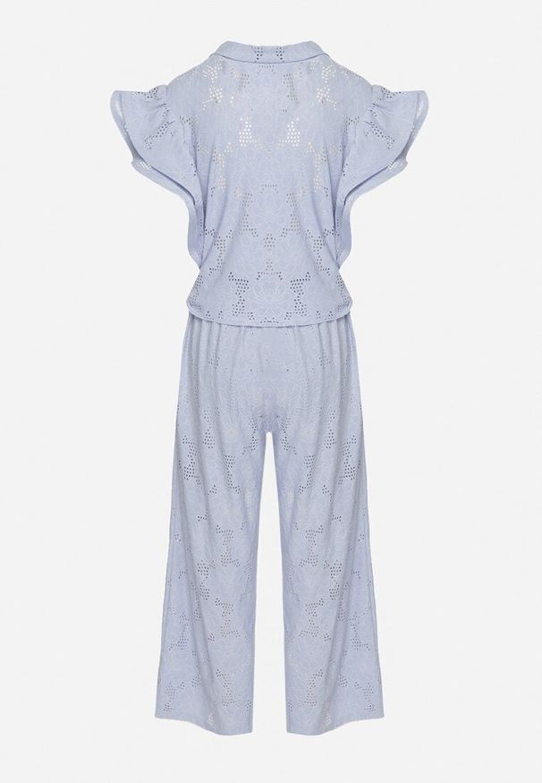 Born2be - Niebieski Ażurowy Komplet Koszulowa Bluzka z Wiązaniem i Szerokie Spodnie Linarisa. Kolor: niebieski. Wzór: ażurowy