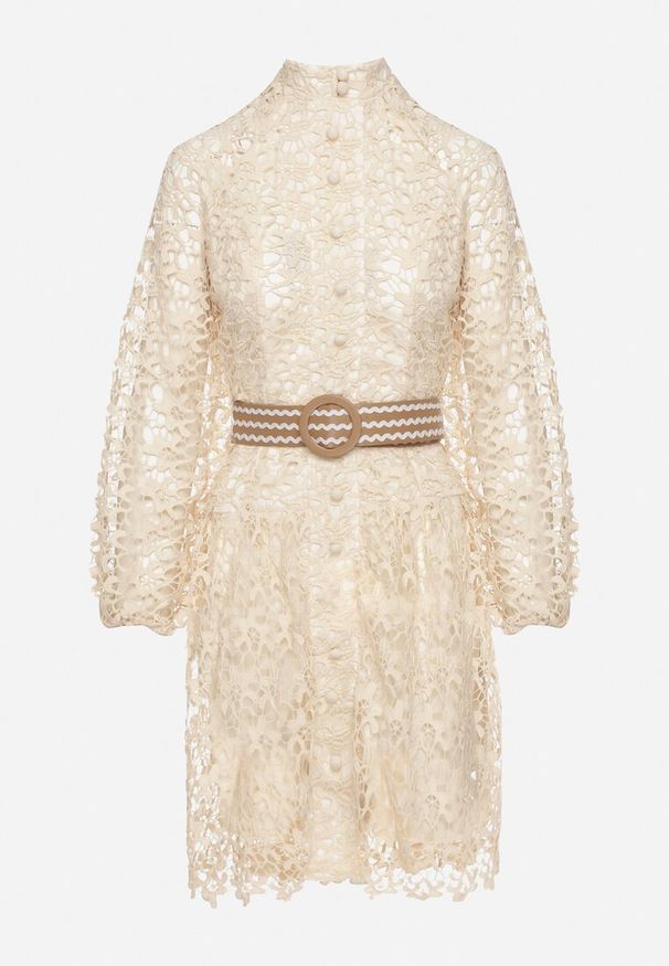 Born2be - Jasnobeżowa Sukienka z Paskiem Demamia. Okazja: na co dzień. Typ kołnierza: kołnierzyk stójkowy. Kolor: beżowy. Materiał: materiał, koronka. Długość rękawa: długi rękaw. Typ sukienki: proste. Styl: casual. Długość: mini