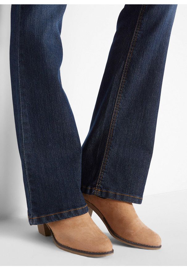 bonprix - Wygodne dżinsy ze stretchem, o kroju bootcut, mid waist. Kolor: niebieski