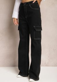 Renee - Czarne Szerokie Jeansy z Kieszeniami Cargo Nelsine. Okazja: na co dzień. Kolor: czarny. Wzór: moro. Styl: casual, militarny