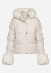 Born2be - Biała Pikowana Kurtka z Kapturem Zdobiona Futerkiem Olenesa. Okazja: na co dzień. Typ kołnierza: kaptur. Kolor: biały. Materiał: futro. Wzór: aplikacja. Styl: casual #7