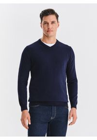 Pako Lorente - PAKO LORENTE – Granatowy bawełniany sweter v-neck. Okazja: na co dzień. Kolor: niebieski. Materiał: bawełna. Sezon: jesień. Styl: casual #1